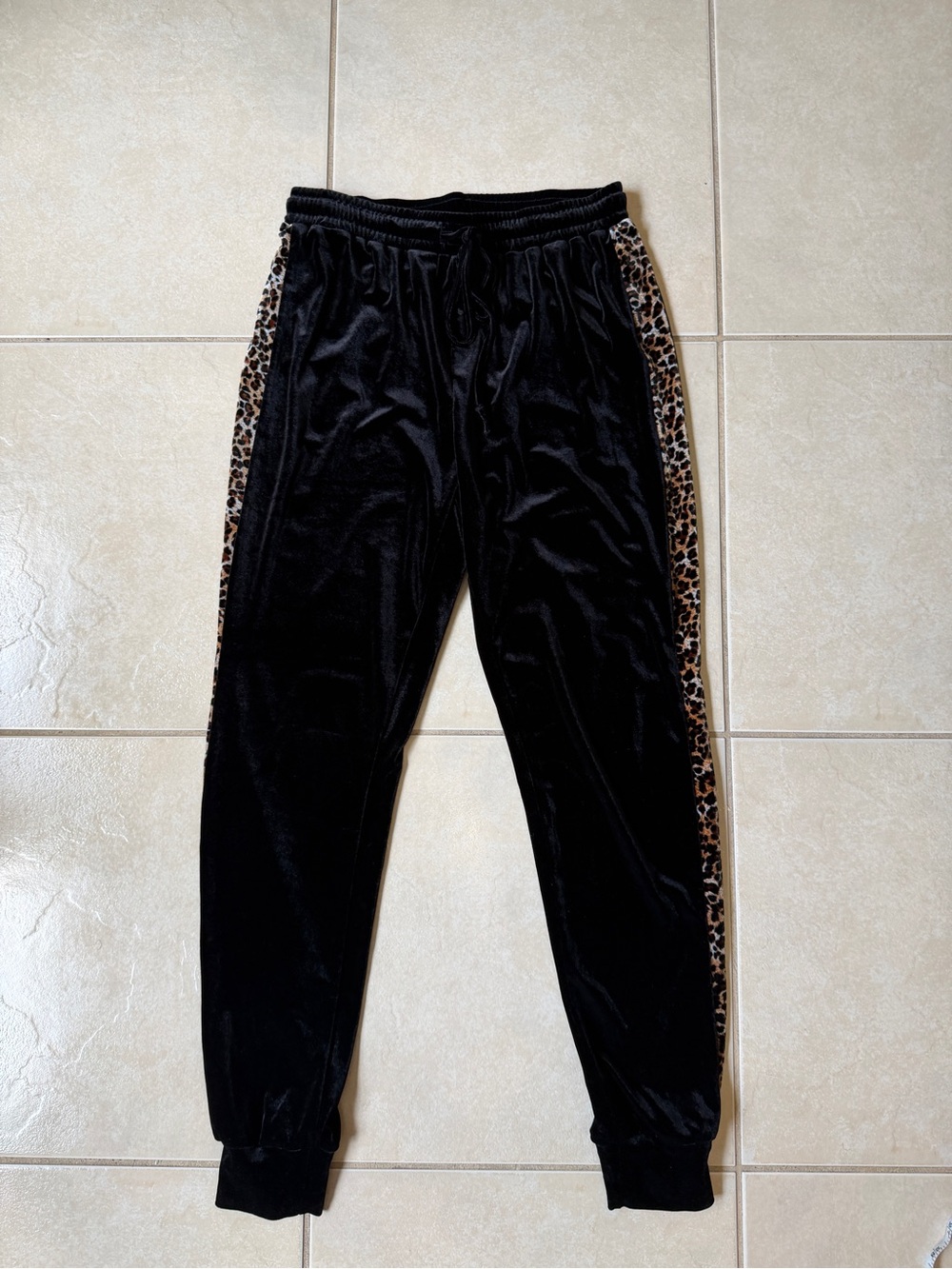 Women’s Brown Velour Jogger Pants Leopard Side Stripe Sweatpants Size L